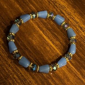 Sky Blue Beaded Stretch Bracelet with Gold Accents